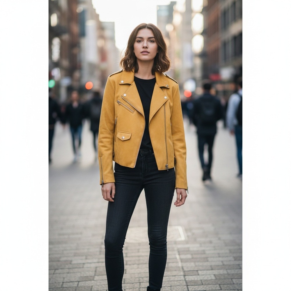 Only Our Story Faux Suede Jacket Womens Sz 42 Bikers Moto Zip Pockets Yellow NWT